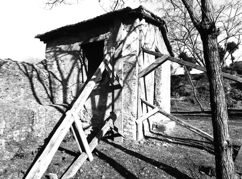 008590 - monumento - Palatino, Via dei Cerchi n. 93, vista dell'esterno del "grande rudere" con puntelli (marzo 1986); neg. serie film, n. 1638