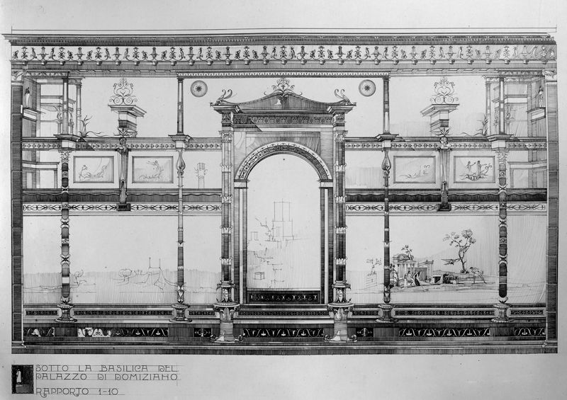001611 - elaborato grafico - Ricostruzione grafica della parete dell'arch. G. Moretti nel 1912. Bibliografia di riferimento: Iacopi, I. "Aula Isiaca" 1997 Electa pag.9