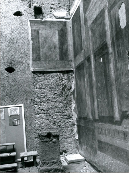 002012 - restauro - Casa di Augusto, Oecus, ambiente 13, pittura parietale in secondo stile pompeiano, ricollocata in situ su pannelli nel 2000.
 Bibliografia: Musatti, G. "Casa di Augusto sul Palatino. L'intervento di restauro e considerazioni sulla decorazione pittorica" in Bollettino d'Arte 2, aprile-giugno 2009 (serie VII) pp. 24 e ss. / Iacopi, I. "La Casa di Augusto, le pitture" Electa 2007 
 Neg. serie 6X6 nÂ° 5064