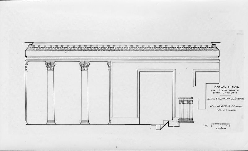 005487 - elaborato grafico - Domus Transitoria, sezione del lato sud-ovest, restauro di T. Chiacchi a seguito dello scavo. Senza negativo