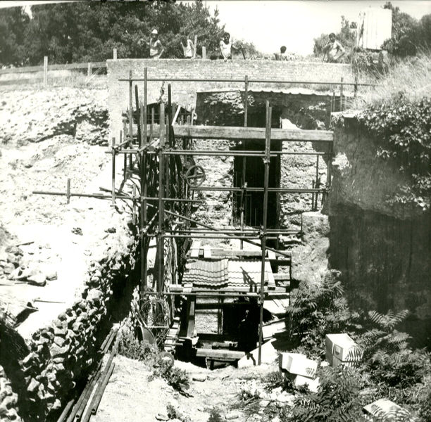 002474 - scavo archeologico - Casa di Augusto, peristilio orientale, settore ovest, ritrovamento di mosaico figurato bicromo con raffigurazione di pesci. Impalcatura per sollevamento di due grossi frammenti e della preparazione pavimentale in calcestruzzo Scavi 1974. Senza negativo