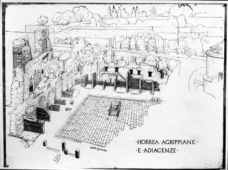 015431 - elaborato grafico - Foro Romano, Horrea Agrippiana, veduta assonometrica dello scavo, disegno di Maria Barosso; neg. serie E, n. 1850, 1854