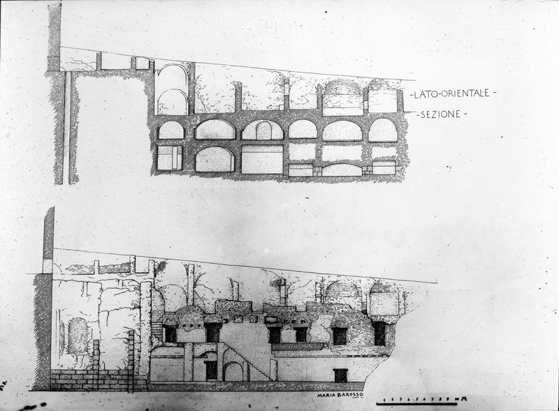 015432 - elaborato grafico - Foro Romano, Horrea Agrippiana, sezione del lato orientale, disegno di Maria Barosso; neg. serie E, n. 1851