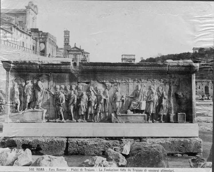015877 - monumento - Foro Romano, Plutei di Traiano, il rilievo con l'institutio alimentaria (foto fine sec. XIX); senza negativo