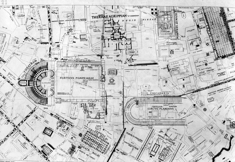 016210 - elaborato grafico - Piante di Roma, pianta del Lanciani della Forma Urbis, la zona di Largo Torre Argentina; senza negativo