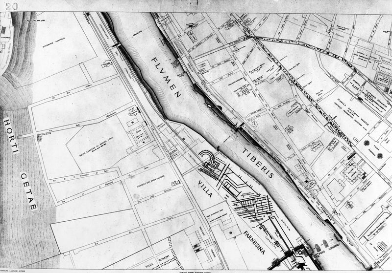 016211 - elaborato grafico - Piante di Roma, pianta del Lanciani della Forma Urbis, il fiume Tevere tra Palazzo Farnese e Villa Farnesina; senza negativo