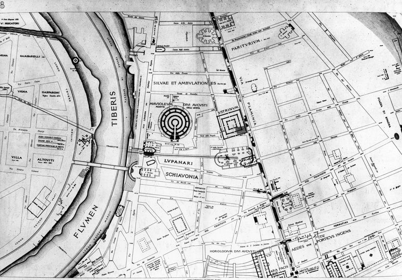 016212 - elaborato grafico - Piante di Roma, pianta del Lanciani della Forma Urbis, il Fiume Tevere nella zona del Mausoleo di Augusto; senza negativo