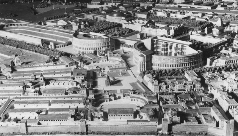 016220 - elaborato grafico - Roma imperiale, ricostruzioni e plastici, Teatro di Pompeo, ricostruzione Bigot, dono di E. Binard; senza negativo