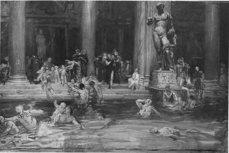 016222 - elaborato grafico - Roma imperiale, ricostruzioni e plastici, Terme di Diocleziano, il frigidario, ricostruzione L. Pagliaghi; senza negativo
