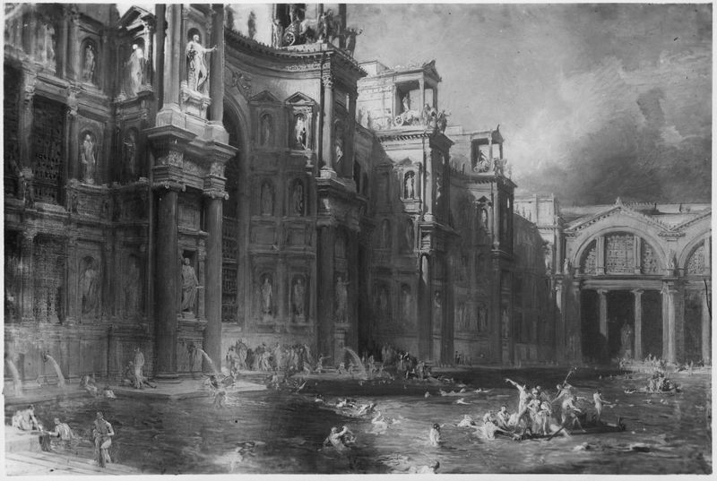 016223 - elaborato grafico - Roma imperiale, ricostruzioni e plastici, Terme di Diocleziano, il frigidario, ricostruzione L. Pagliaghi; senza negativo