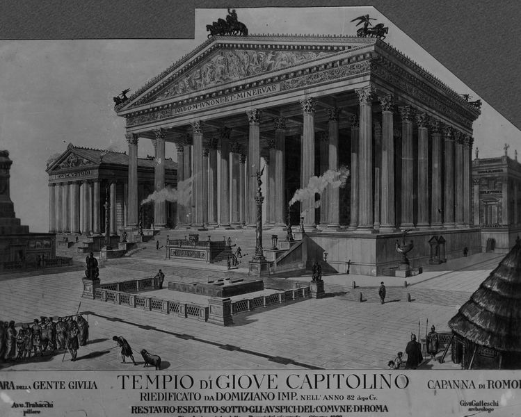 016224 - elaborato grafico - Roma imperiale, ricostruzioni e plastici, Tempio di Giove Capitolino, ricostruzione Trabacchi - Gatteschi; senza negativo