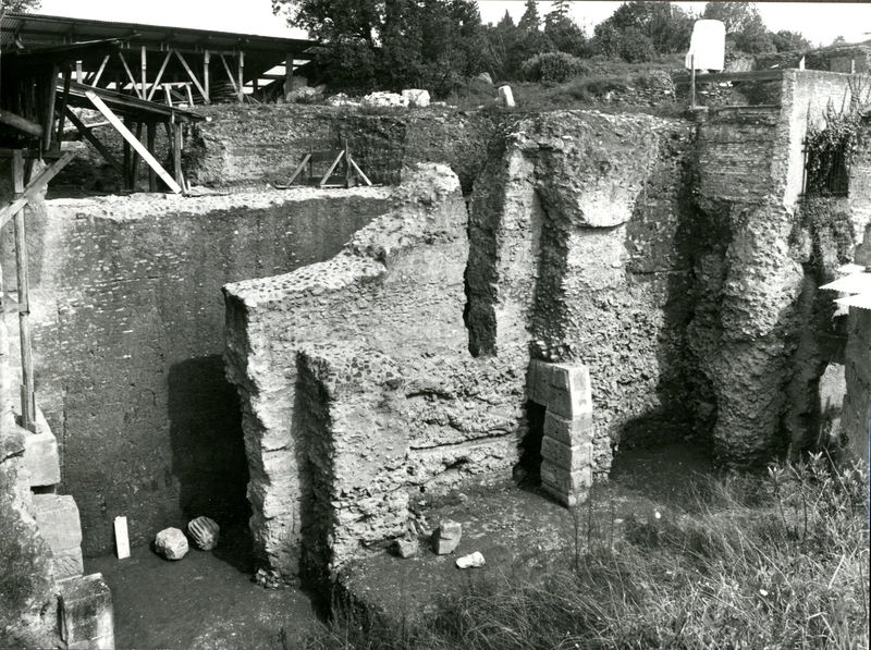 C002296 - restauro - Colosseo, ingresso nord, primo ordine, particolare della decorazione in stucco presente sull'intradosso della volta durante il restauro (foto 22/07/1986); neg. serie L, n. A 30