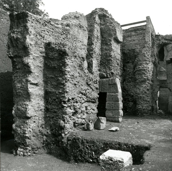 C002297 - restauro - Colosseo, ingresso nord, primo ordine, particolare della decorazione in stucco presente sull'intradosso della volta durante il restauro (foto 22/07/1986); neg. serie L, n. A 31