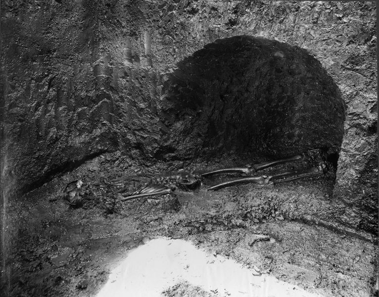 013764 - scavo archeologico - Foro Romano,Equus Domitiani,  scheletro umano rinvenuto durante l'esplorazione a fianco della platea di fondazione; neg. serie C, n. 256