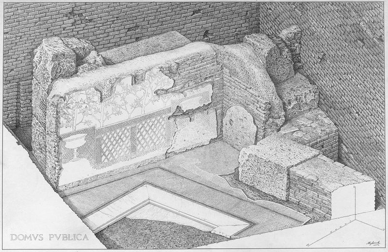 013653 - elaborato grafico - Foro Romano, Domus Publica, veduta assonometrica di avanzi della Domus con pittura parietale e pavimento a mosaico (disegno Migliorati); neg. serie E, n. 580-405