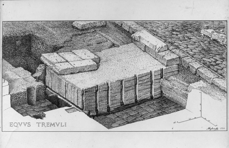 013794 - elaborato grafico - Foro Romano, Equus Tremuli, disegno di Migliorati, veduta assonometrica della fondazione; neg. serie E, n. 581