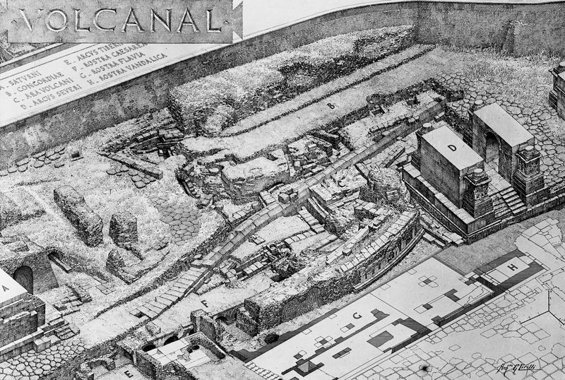 018973 - elaborato grafico - Foro Romano, Volcanal, veduta assonometrica a scavo ultimato (disegno di G. Cirilli); serie C, n. 324 (film 1492, film 2166). N. inv. 324