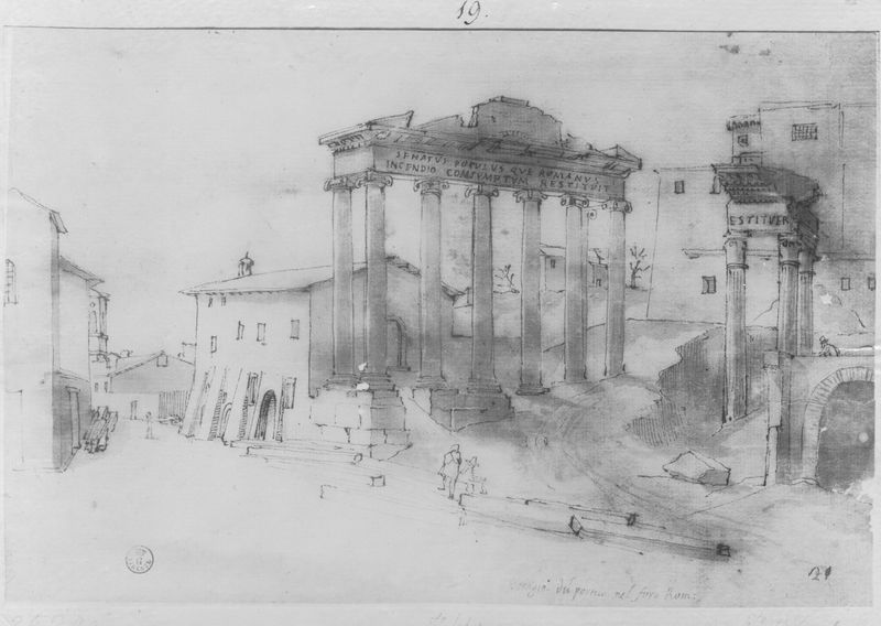 017036 - elaborato grafico - Foro Romano, Tempio di Saturno, disegno di Antonio Dosio (Uffizi 2520^) veduta generale; FILM 1297