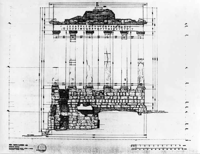 017037 - elaborato grafico - Foro Romano, Tempio di Saturno, vista frontale della trabeazione del Pronao, disegno Arch. Ioppolo; neg. serie 6x6, n. 1565