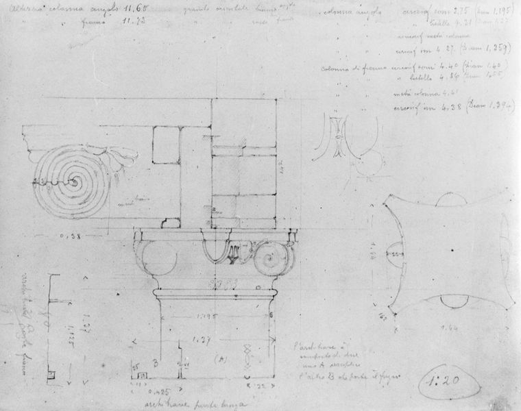 017041 - elaborato grafico - Foro Romano, Tempio di Saturno, appunti dei restauri di T. Ciacchi (1926-28); neg. serie 6x6, n. 16035