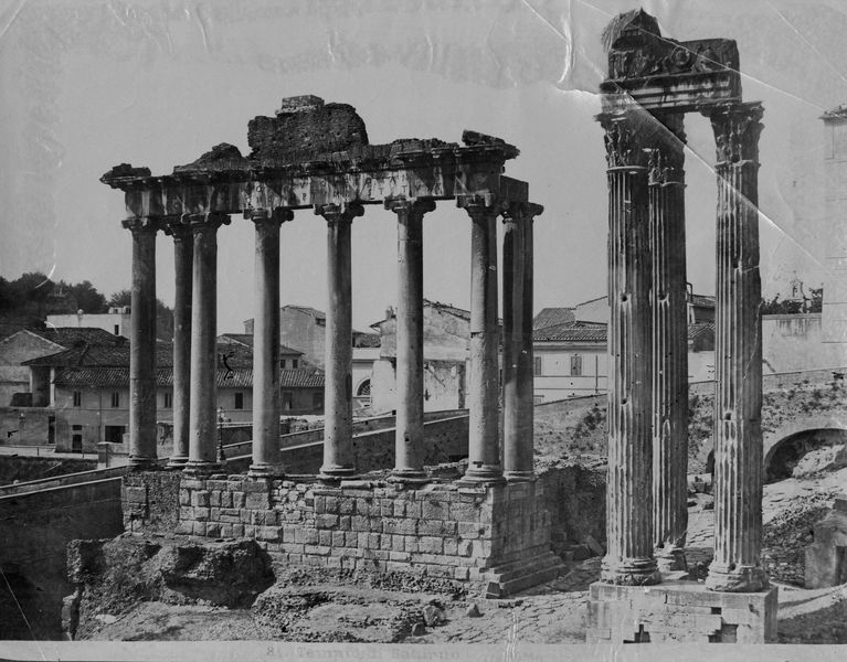 017052 - monumento - Foro Romano, Tempio di Saturno, veduta con il Tempio di Vespasiano, prima del 1880; senza negativo