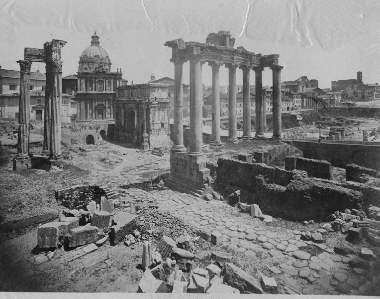 017055 - monumento - Foro Romano, Tempio di Saturno con Tempio di Vespasiano, veduta dal Tabularium, prima del 1880; senza negativo