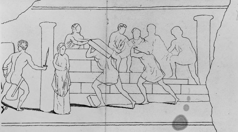 019177 - elaborato grafico - Roma, Museo Nazionale Romano, pittura del Colombario dell'Esquilino, costruzione delle mura di Lavinio (Riv. Ist. Arch. 1961, fig. 19); Neg. Serie F, Nr. 2356