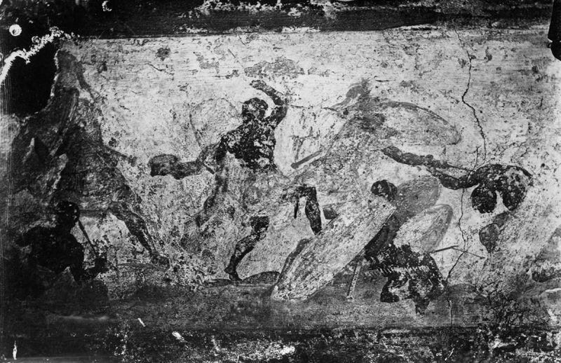 019182 - reperto - Museo Nazionale Romano, pittura dell'Esquilino, costruzione di mura e scene di combattimento;