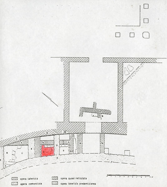 021942 - elaborato grafico - Palatino, Domus Augustana, l'emiciclo verso il Circo Massimo, pianta; la zona evidenziata corrisponde all'immagine con n. d'inventario 003555 (sul retro dello schedone DA-FICM 039)