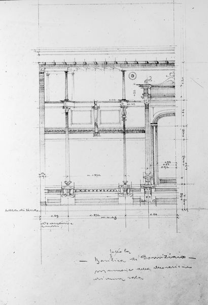 001613 - elaborato grafico - Aula Isiaca, ricostruzione grafica dell'avancorpo sinistro della parete lunga dell'arch. G. Moretti nel 1912. Neg.serie F nÂ° 538