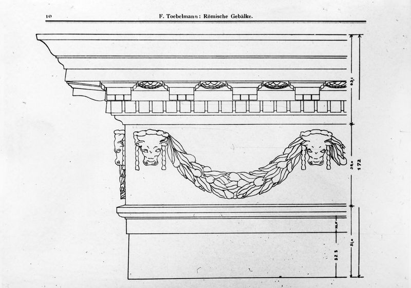 016077 - elaborato grafico - Ricomposizione della trabeazione, dal F. Toebelmann: RÃ¶mische GebÃ¤lke; Neg. Serie 9x12, Nr. 609
