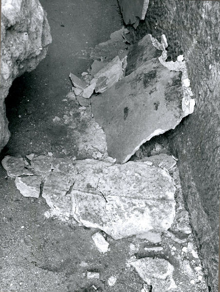 001914 - monumento - Casa di Augusto, ambiente 8, stacco accidentale dell'intonaco parietale. Neg. serie Film nÂ°1049
