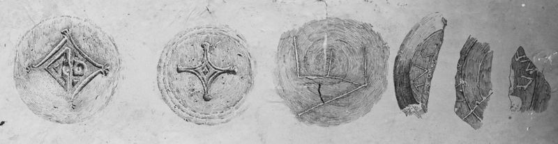 016954 - elaborato grafico - Sigle con graffiti su fondi di vasi dalla Via Sacra (dis. Migliorati); Neg. Serie F, Nr. 562