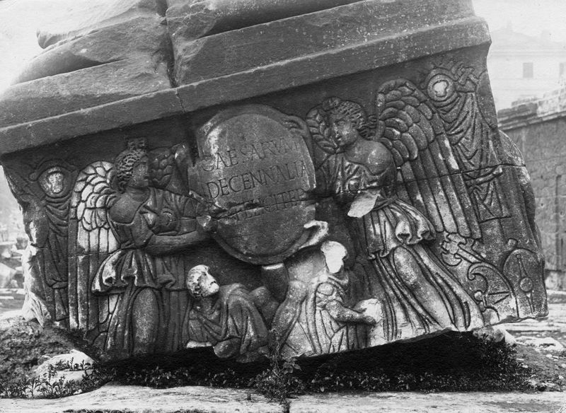 020685 - monumento - Foro Romano, Base dei Decennali, lato nord con Vittorie alate e scudo con iscrizione; FILM n. 1252