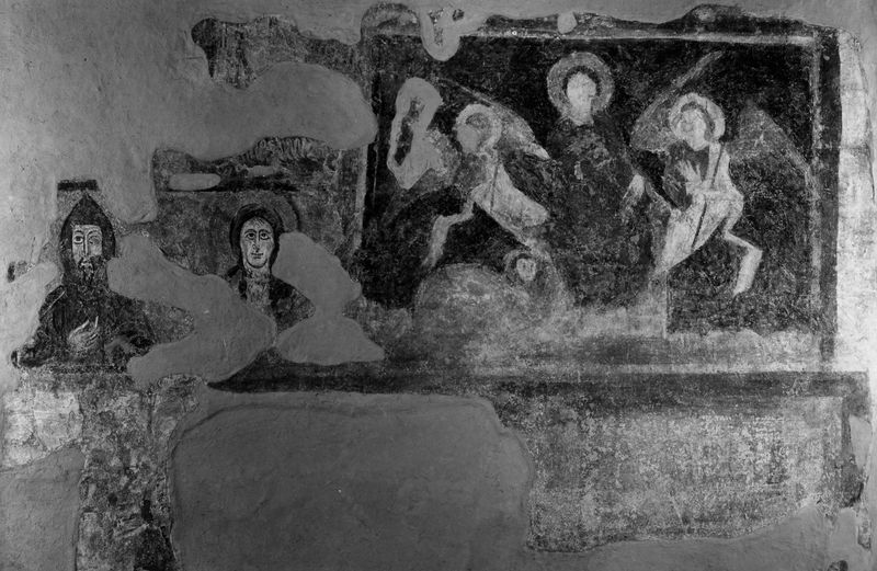 019680 - reperto - S. Maria Antiqua, pitture nell'Atrio, parete a destra entrando, parte sinistra dell'affresco di papa Adriano I,: a sinstra S. Antonio l'Eremita e S. Maria l'Egiziana (?); neg. serie E, n. 51364