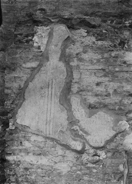 019688 - monumento - S. Maria Antiqua, pitture nell'Atrio, durante gli scavi, avanzo di intonaco con iscrizione; neg. serie F, n. 262