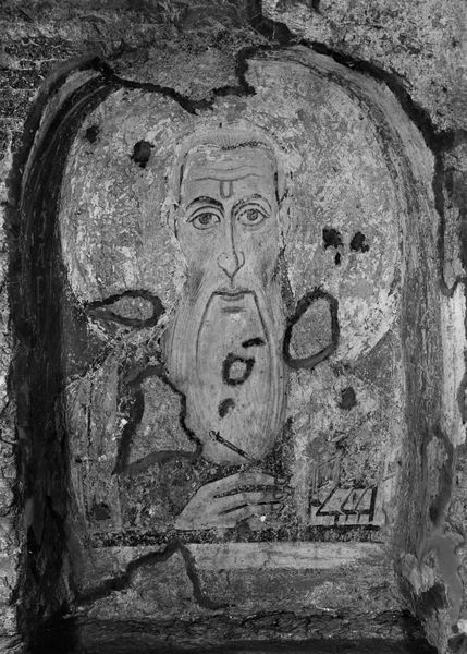019701 - monumento - S. Maria Antiqua, pitture nell'Atrio, nicchia con S. Abbaciro nella parete di sinistra presso l'ingresso alla rampa palatina; neg. serie E, n. 51699