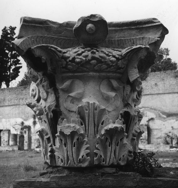 006291 - reperto - Stadio di Domiziano, elementi architettonici, capitello composito: nella parte ionica, presenta volute con decorazione vegetale e coronamento di kyma ionico con ovolo e astragalo, a fusarole e perline; nella parte corinzia, presenta decorazione vegetale a foglie d'acanto terminanti in viticci fioriti (febbraio 1966). Neg. serie 6x6 nÂ°1113