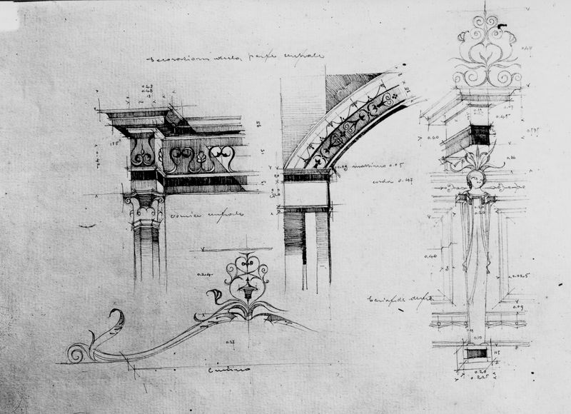 001619 - elaborato grafico - Aula Isiaca, particolare della decorazione pittorica della parete lunga, realizzato dall'arch. Moretti. Neg. serie F nÂ° 540