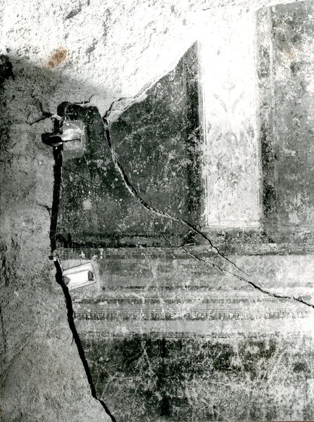 002107 - restauro - Casa di Augusto, "Studiolo di Augusto" c.d., cubicolo superiore, parete di fondo: pittura parietale in secondo stile pompeiano, durante la fase di collocazione su supporti, prima del distacco (1982) e del restauro. Anno di esecuzione dei lavori:1981. 
Bibliografia: Musatti, G. "Casa di Augusto sul Palatino. L'intervento di restauro e considerazioni sulla decorazione pittorica" in Bollettino d'Arte 2, aprile-giugno 2009 (serie VII) pp. 21 e ss. 

Neg. serie Film nÂ° 960