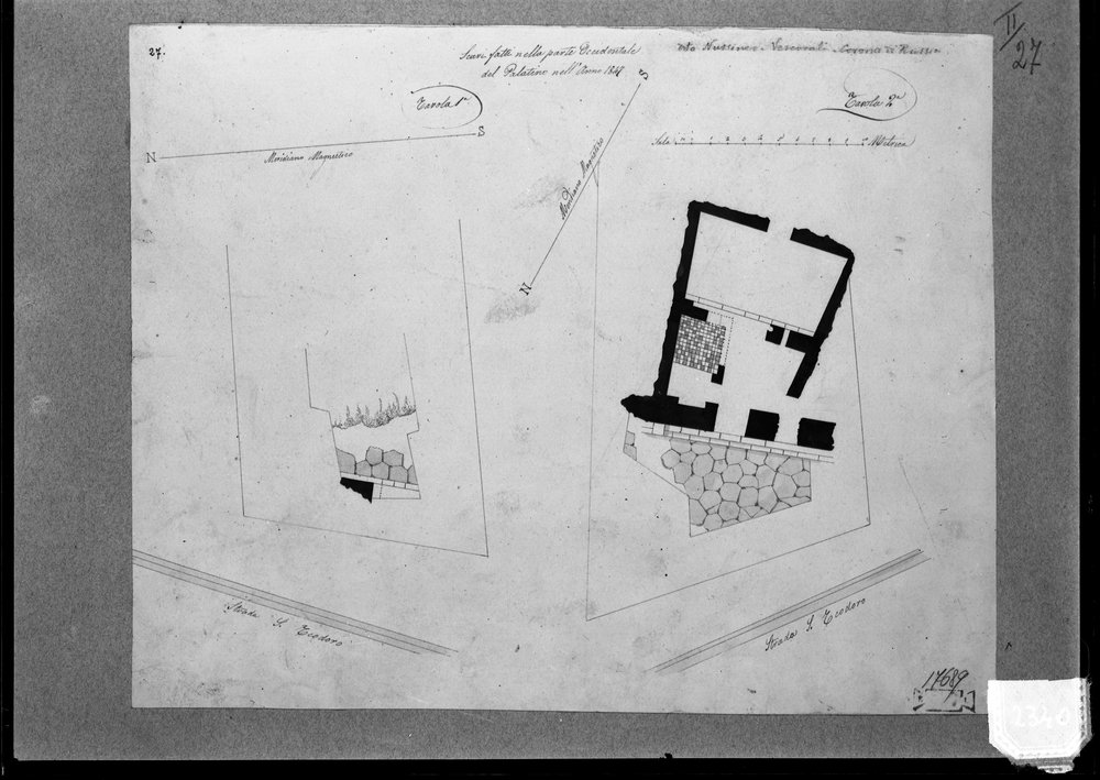 Lastra 2340, Palatino, scavi 1847, pinata Coll. Lanciani. Roma XI-7-II-27, disegno a penna acquerellato.tif