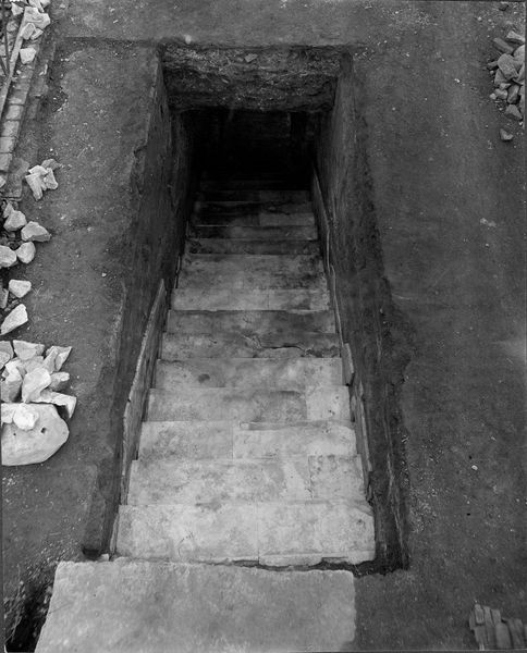 005501 - scavo archeologico - Domus Transitoria: scalinata di marmo (S nella pianta del Carettoni,1949) che permetteva l'accesso al cortile con ninfeo, tagliata dalle fondazioni del triclinio della Domus Flavia. Ulteriore bibliografia: Tomei, M.A. " Nerone sul Palatino"  pp. 123-125 in Nerone, catalogo mostra. Electa 2011. Neg serie C nÂ° 494