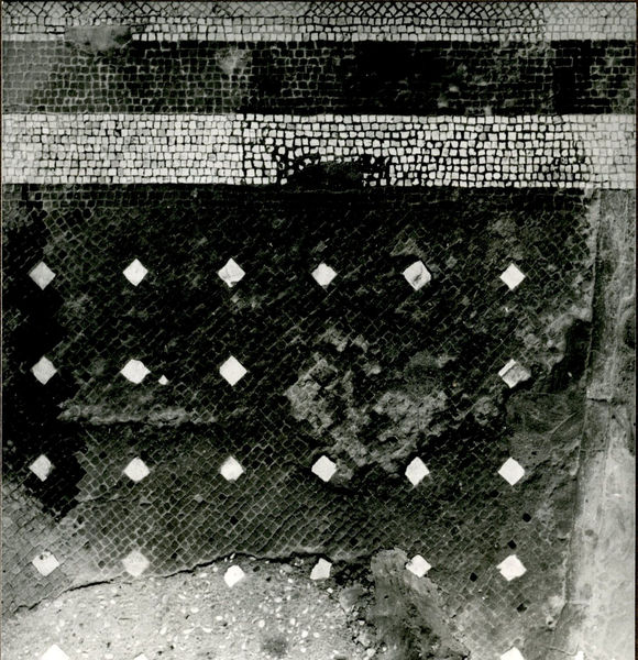 002742 - monumento - Casa di Livia, atrio E: il mosaico presenta una balza marginale nera e bianca, a ordito obliquo; cornice con due fasce di tessere nere e bianche a filari regolari.  Il campo centrale Ã¨ formato da tessere nere disposte ad ordito obliquo con inserite, ad intervalli regolari verticalmente e orizzontalmente, tessere bianche di dimensioni maggiori. Databile tra l'etÃ  di Cesare ed Augusto.


Bibliografia: Morricone, M.L. "Mosaici antichi in Italia- Regio X Palatium" 1967

Neg. serie 6x6 nÂ° 777