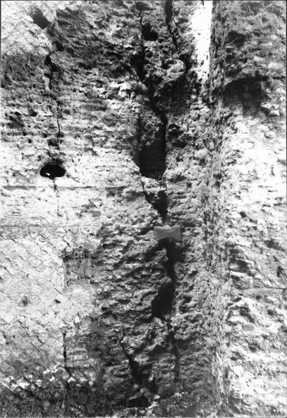 005058 - restauro - Domus Tiberiana, Clivus della Victoriae settore 13-Livello IV: particolare di muro lesionato (fronte Foro), 1958
