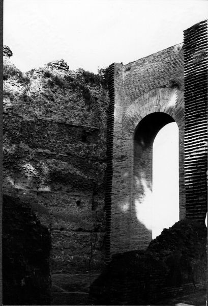 005141 - restauro - Domus Tiberiana, angolo Nord settore 13-Livello V-VI: particolare prima del restauro della parete verso la rampa e copertura gennaio 1959