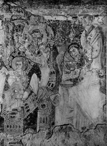 019224 - monumento - S. Maria Antiqua, navata centrale, lato destro, Palinsesto con Madonna in trono e Santi, sovrapposizione di tre strati di pitture dal VI al VIII sec.; Neg. serie E, n. 51249