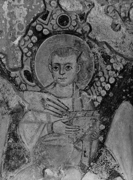 019226 - monumento - S. Maria Antiqua, navata centrale, parete di fondo, lato destro, particolare della Madonna in trono e Santi; Neg. serie E, n. 51252
