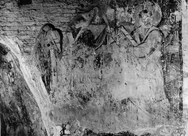 019232 - monumento - S. Maria Antiqua, cappella centrale, particolare della pittura a sinistra del Cristo, papa S. Martino e un altro pontefice; Neg. serie E, n. 51278