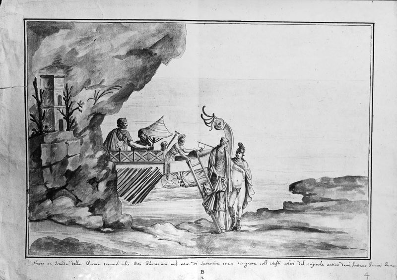 001598 - elaborato grafico - Acquarello di Gaetano Piccini Romani risalente al settembre del 1724. Megalografia (quadro a soggetto mitologico) raffigurante lo sbarco di Paride ed Elena da un quadrireme. Quattro distinti individui, attorno al parasole conino, si muovono e manovrano la scala alle spalle dei due giovani. A sinistra sulla costa rocciosa e alberata, vi Ã¨ collocato un faro in miniatura. Bibliografia di riferimento: Iacopi, I. "Aula Isiaca" 1997 Electa  pp. 17- 23