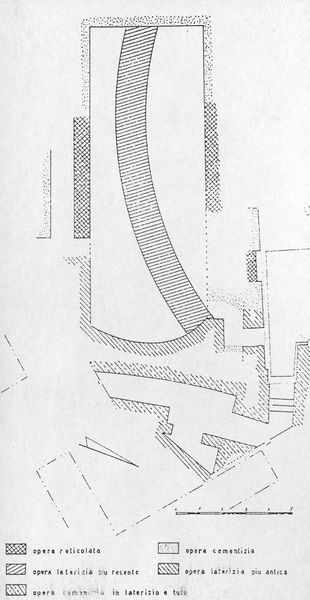 001590 - elaborato grafico - Planimetria dell'Aula Isiaca con indicazioni delle murature e della cisterna neroniana curvilinea che pose fuori uso il locale. L'Aula si presenta a pianta rettangolare absidata con copertura voltata e soffitto piano nell'estremitÃ  N/E. 
